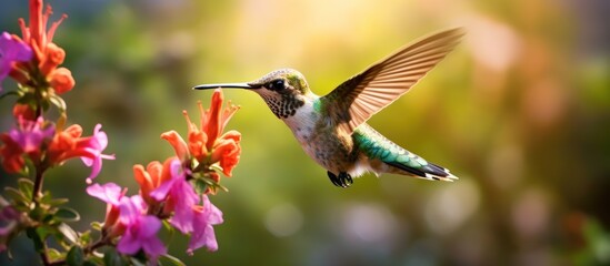 Fototapeta premium Hummingbird in Flight, Feeding on Flowers