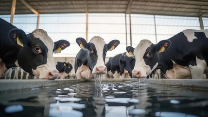 Cows drinking fresh water from a large trough in a well-ventilated barn, with ample space to move freely, photo-realistic, prioritizing hydration and welfare © Kanin