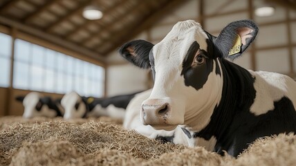 Cows lounging in a comfortable barn with deep bedding and automatic brushes, enjoying enrichment and care, photo-realistic, high standards of animal comfort