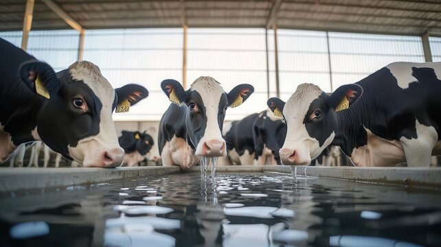 Cows drinking fresh water from a large trough in a well-ventilated barn, with ample space to move freely, photo-realistic, prioritizing hydration and welfare
