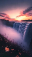Beautiful Waterfall at Sunset with Mist and Colorful Sky