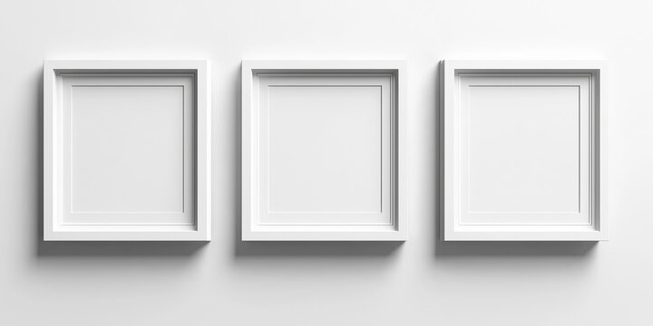 Three blank square white frames hanging on white wall