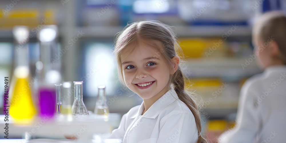 Poster cute elementary student smiling while wearing a lab coat in science class