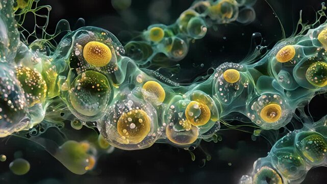 Multiple peroxisomes attached to a membranebound organelle potentially indicating the transfer of fatty acids for further processing.