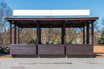 Signboard Mockup Of Street Market Empty Wooden Kiosk On The Sidewalk