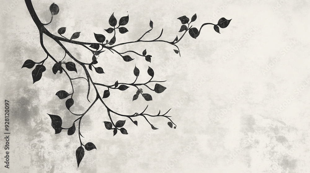 Poster Black tree branch drawing extending on white background with copy space