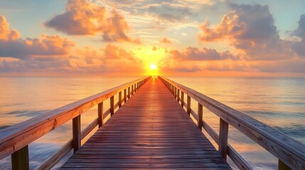 Obraz premium a Calm Pier Leading to a Peaceful Ocean Sunrise