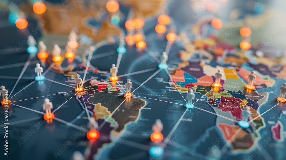 Aufkleber a detailed map featuring glowing lights and network connections representing global communication an