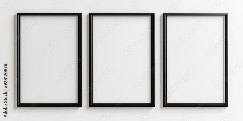 Poster three vertical black frames hanging on a white wall are displaying nothing