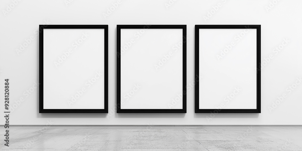 Poster minimalist art gallery interior with three empty frames hanging on a white wall