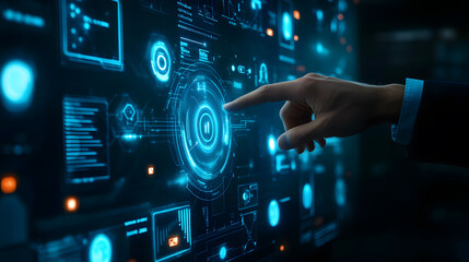 sci-fi pic of a businessman touching a digital screen with a futuristic interface on a virtual background