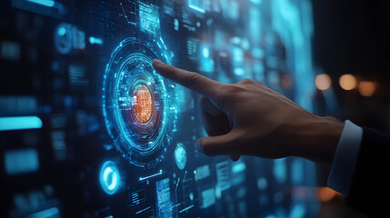 scientific picture of a businessman touching a digital screen with a futuristic interface on a virtual background