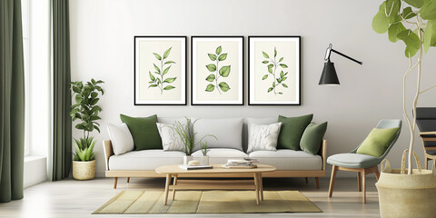 Experience tranquility in this stylish living room adorned with botanical prints