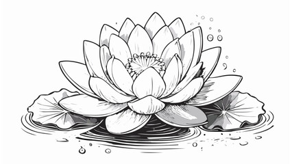 Fototapeta premium Lotus Lily Water Flower Sketch Illustration - Leaf Plant Black Floral Tattoo Chinese Blossom Tropical Nature 