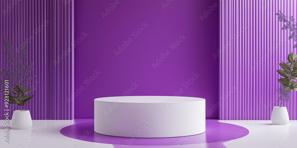 Aufkleber white empty podium displaying on purple background with plants for product presentation