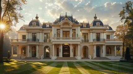 Obraz premium Luxurious residence with grand facade, elegant exterior decorations, opulent design, manicured lawn, bright sunlight