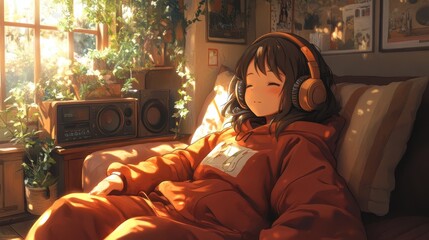 Relaxing Anime Character Listening to Lofi Music on Couch in Cozy Room