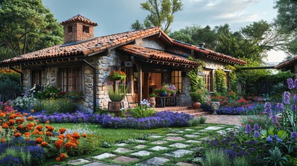 Obraz premium Charming cottage exterior, rustic facade, vibrant flower garden, cozy yard, traditional design, soft natural light