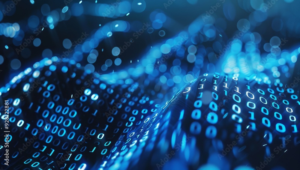 Poster Abstract Blue Binary Code Background with Bokeh Lights