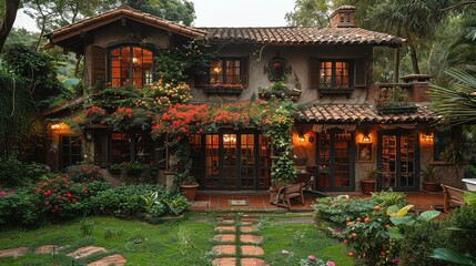Obraz premium Charming abode with cozy layout, flowerfilled yard, rustic design, vibrant garden, soft natural light