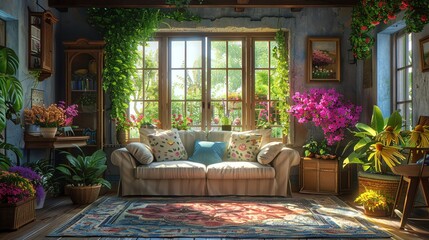 Obraz premium Cozy home with open arrangement, vibrant countryside outside, cottage design, blooming flowers, warm natural light