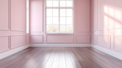 Fototapeta premium A clean, empty room with soft pastel pink walls, a large window letting in natural light
