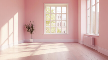 Fototapeta premium A clean, empty room with soft pastel pink walls, a large window letting in natural light