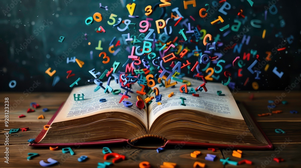Poster a book lies open on a wooden surface with colorful letters and numbers floating above it.