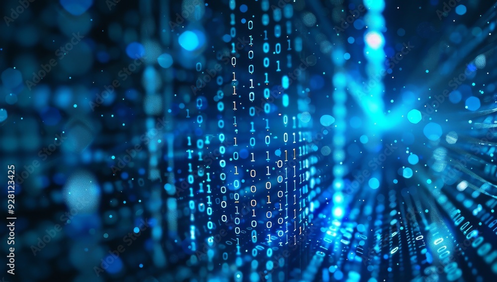 Aufkleber Abstract Blue Background with Binary Code and Blurred Lights