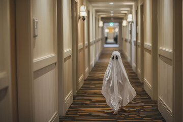 A cute sheet ghost in a hallway of a vintage retro hotel corridor