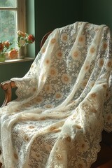 Elegant lace blanket draped over a vintage chair, enhancing a cozy, romantic atmosphere in a sunlit room with flowers.