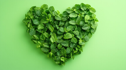 Heart-Shaped Mint Leaves Art Against Lush Green Background