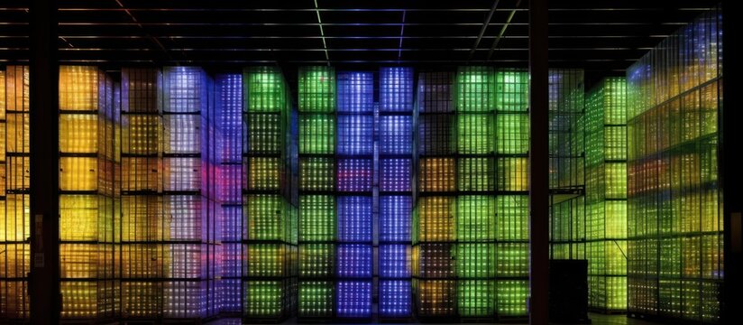 Illuminated Grid of Glass Panels in a Warehouse