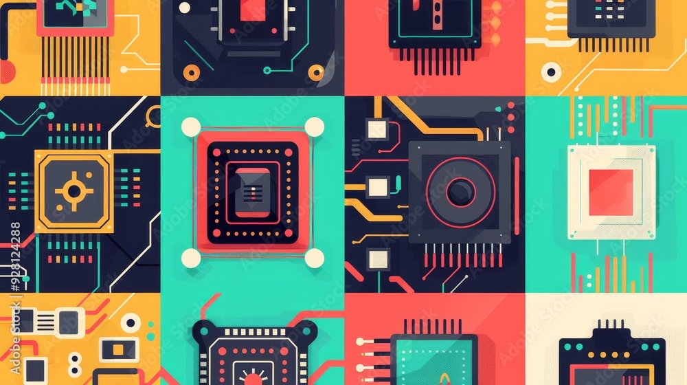 Poster flat design illustrations of various chiplet configurations, shown in a simple, clean style with bri