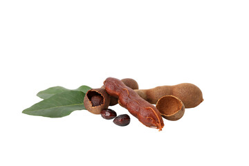 PNG,Ripe tamarind with leaves, isolated on white background