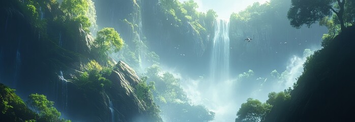 Obraz premium Anime-Style Enchanted Foggy Falls and Canyons: A Dreamy Morning in the Mist-Entwined Gorge, Ideal for Nature Documentaries, Hiking Trails, and Mystical Art in 4K，New Year and Spring Festival promotio