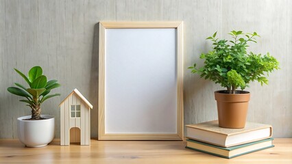 Blank Frame Mockup with House Plant, Books, and Wood Background.