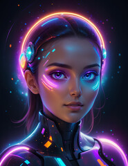 A futuristic portrait features a face illuminated by vibrant lights and sparkle