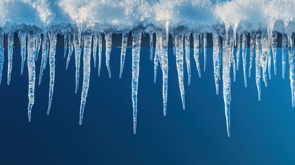 Close-Up Photograph of Icicles Hanging From a Snow Covered Surface Against a Deep Blue Background