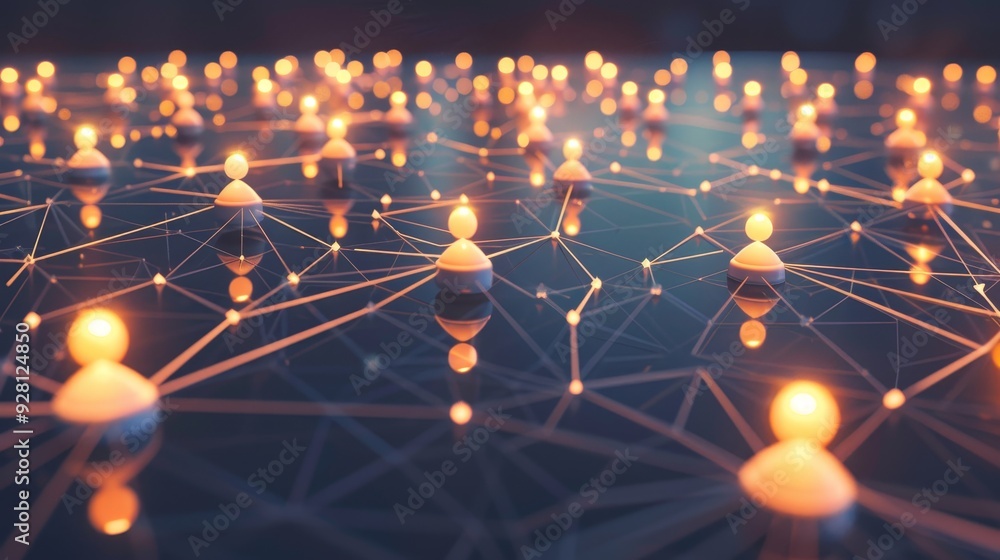 Poster digital network of glowing nodes representing connections and interactions, perfect for illustrating