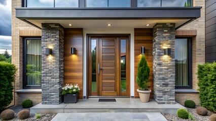Modern House Entrance with Brick Walls and Wooden Door.