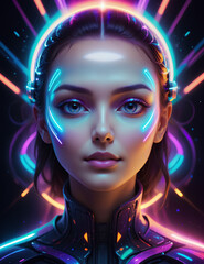 A futuristic portrait features a face illuminated by vibrant lights and sparkle