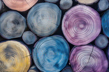 Colorful wood grain texture with vibrant concentric rings in shades of purple, blue, and pink. Ideal for artistic backgrounds, design projects, and abstract decor.