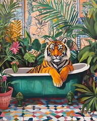 Bright and Fun Tiger Painting in a Bathtub with Tropical Plants