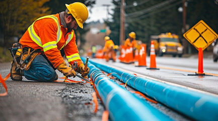 Construction worker securing pipes during roadside utility project
