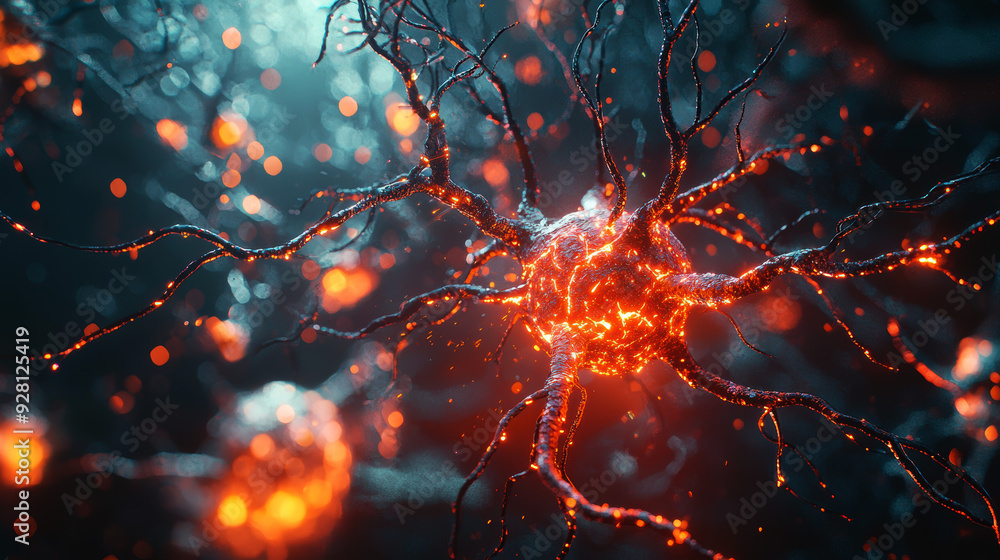 Poster intricate neuron network captured in shimmering red against blue background