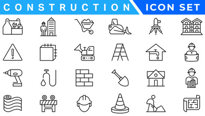 construction simple line isolated icon collection. Editable Stroke. Repair, Renovation, Work Tools, Materials