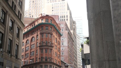 Fototapeta premium New York City Lower Manhattan, Downtown Financial District architecture, United States. Restaurant building, William street, Beaver street corner, USA. American urban street, red brick house.