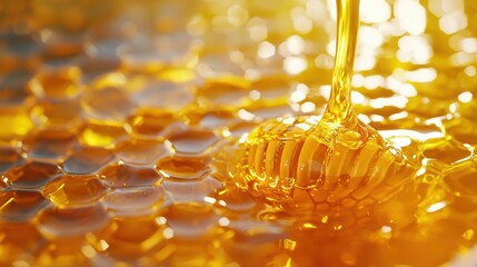 Close-up view of golden honeycomb with honey dripping on hexagonal cells in soft sunlight