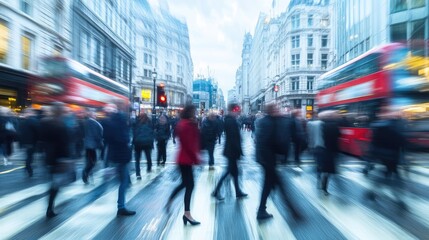 Obraz premium Panoramic Shot of People Walking in the City of London, Blurred for Dynamic Effect